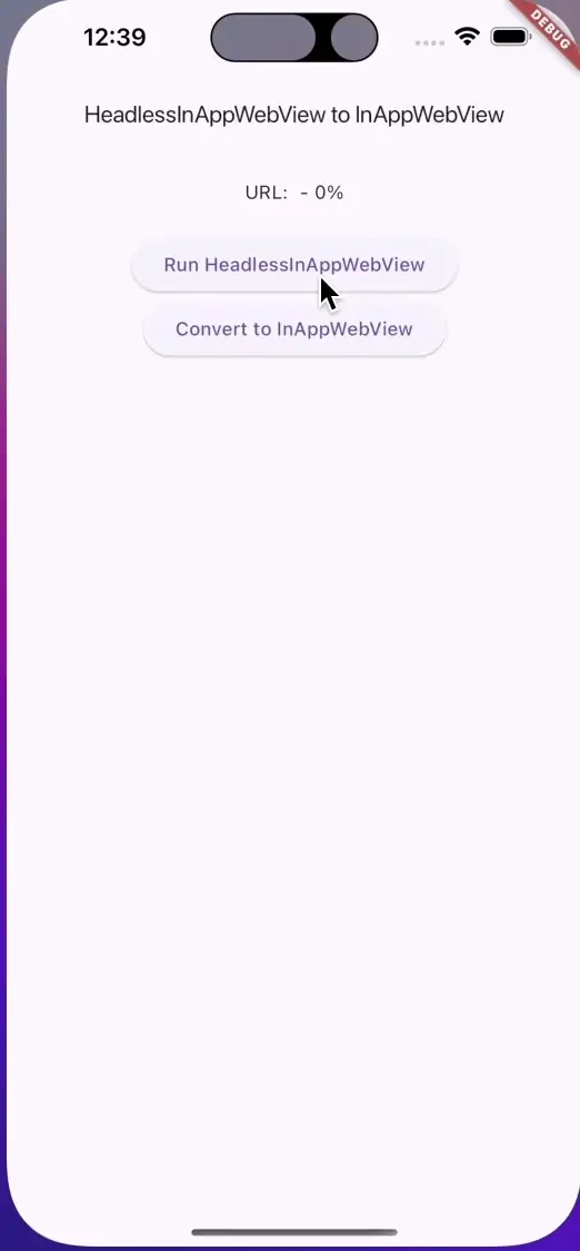 Phone screen with buttons to run a headless WebView and convert it to an InAppWebView