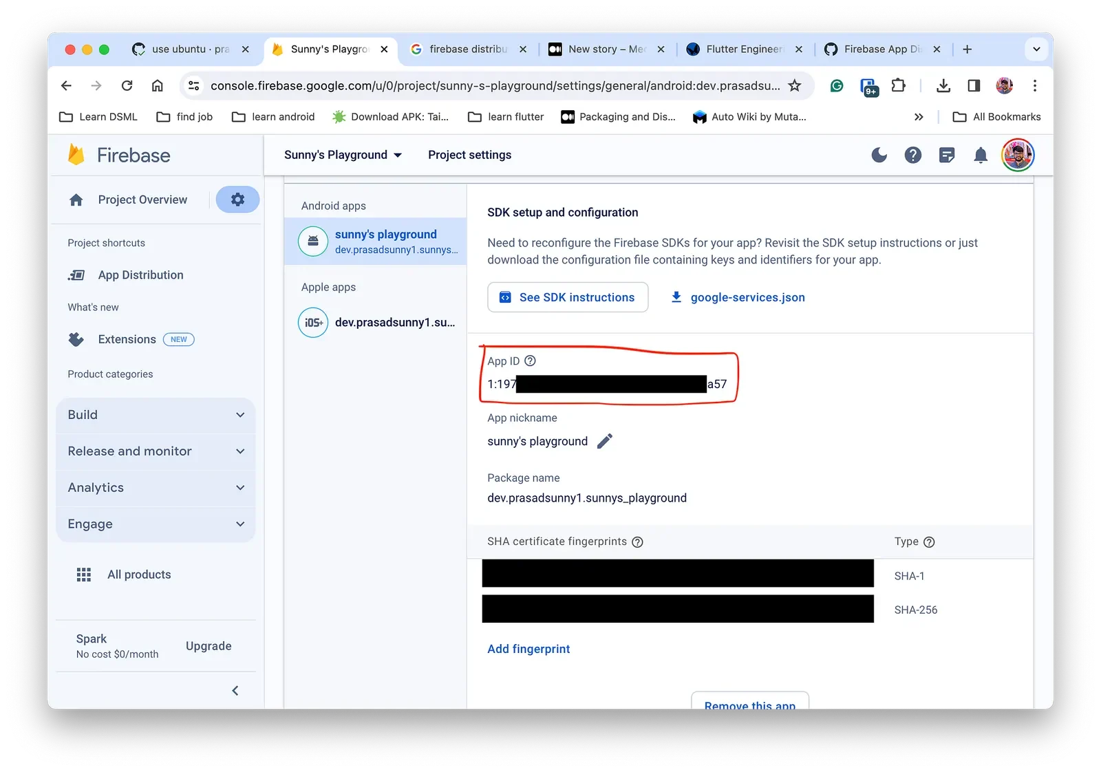 Firebase console page showing the app's SDK setup and configuration