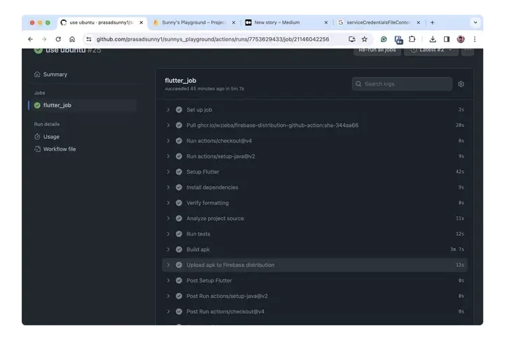 GitHub Actions run log for a Flutter job, showing its build and upload steps