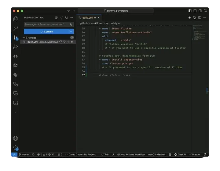 VS Code editing the build.yml GitHub Actions workflow